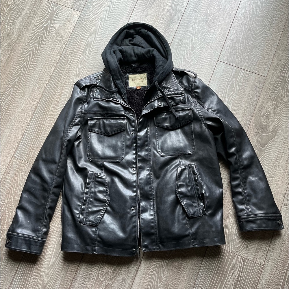 Men’s Faux Leather Hooded Jacket